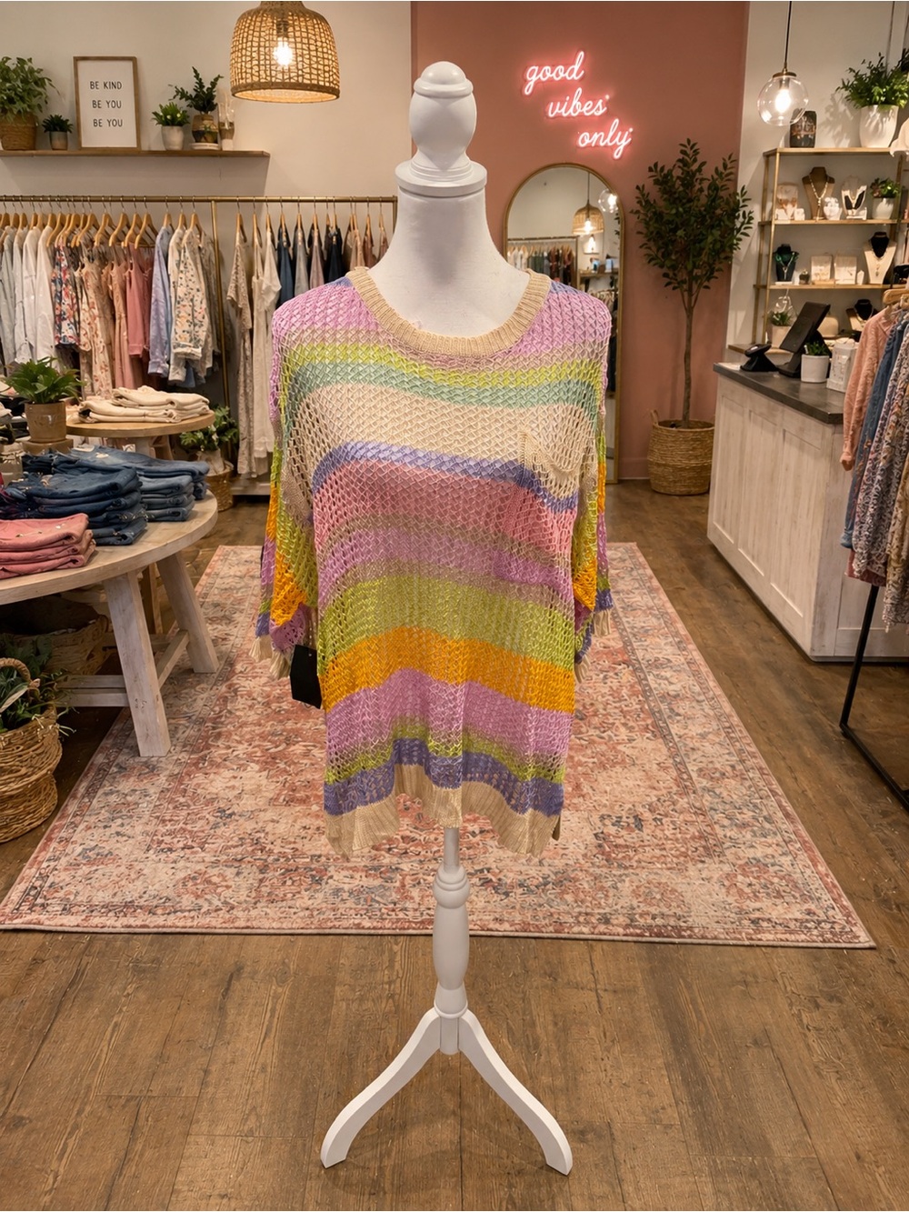 Easel Multicolor Striped Open Knit Oversized Sweater Size Small NWT